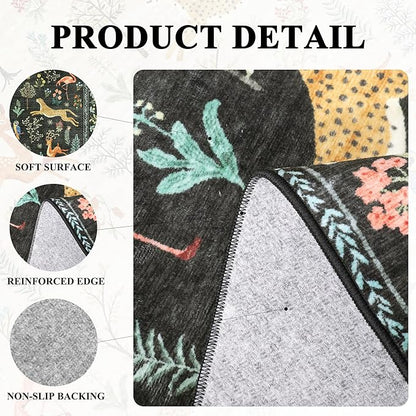 DUKINO 2x10 Rug for Hallway, Washable Kitchen Runner Rug with Non Slip Backing, Soft Low Pile Vintage Animal Runner for Bedroom, Kitchen, Hallway, Entryway, Laundry, Black