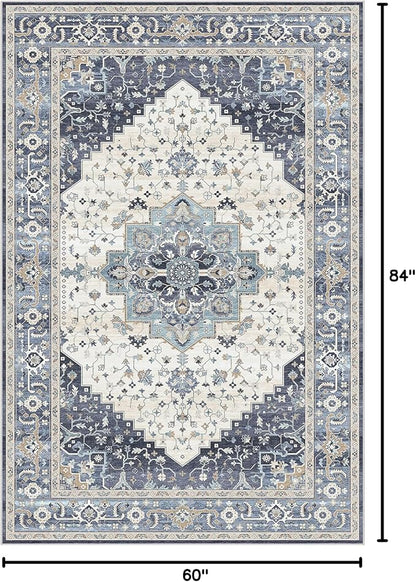 Dripex Vintage 5x7 Area Rugs - Large Washable Area Rug for Living Room Bedroom Oriental Medallion Floral Print Floor Carpet Low-Pile Indoor Soft Non-Slip Accent Rug Farmhouse Home Office Decor