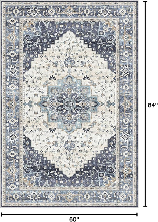 Dripex Vintage 5x7 Area Rugs - Large Washable Area Rug for Living Room Bedroom Oriental Medallion Floral Print Floor Carpet Low-Pile Indoor Soft Non-Slip Accent Rug Farmhouse Home Office Decor