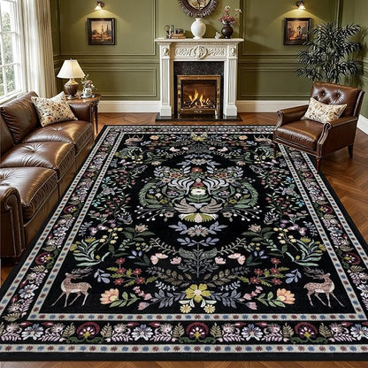 9x12 Area Rugs Living Room Rug: Vintage Washable Rug Floral Soft Carpet Indoor Floor Non-Slip Boho Stain Resistant Large Carpets for Bedroom Kids Nursery Dining Room Farmhouse Home Office Black