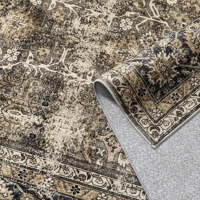 Vintage Area Rug 5x8 Brown Washable Living Room Large Carpet Non Slip Bedroom Indoor Office Low Pile Traditional Distressed Retro Accent Rug for Dining Room Bathroom Kitchen