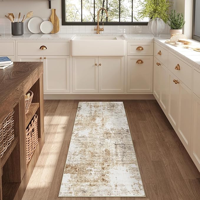 FMFUNCTEX 2x6 Runner Rug Washable Brown Grey Modern Abstract Neutral Non Slip Low Pile Entryway Hallway Soft Indoor Carpet for Kitchen Bedroom Bathroom Laundry Entrance Bedside Living Room, Grey Gold