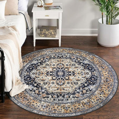 KOZYFLY Boho Round Rug 5 Ft Rugs for Entryway Washable Circle Rug Non Slip Doormat Gold Navy Printed Faux Wool Vintage Round Entryway Rug Floor Carpet Round for Entrance, Bedroom
