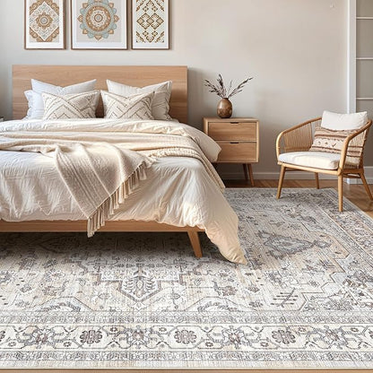 6x8 Area Rug Living Room: Washable Boho Large Neutral Vintage Soft Rugs Stain Resistant Farmhouse Non Slip Indoor Floor Carpet for Bedroom Nursery Kids Playroom Office Dining Room Home- Ivory Gray