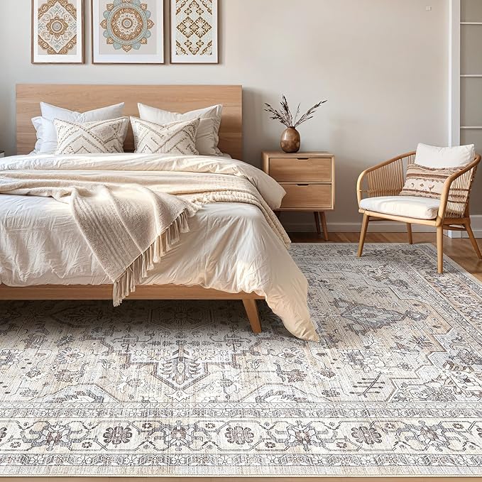 12x15 Area Rug Living Room: Washable Boho Large Neutral Vintage Soft Rugs Stain Resistant Farmhouse Non-Slip Indoor Floor Carpet for Bedroom Nursery Kids Office Dining Room- Ivory Gray