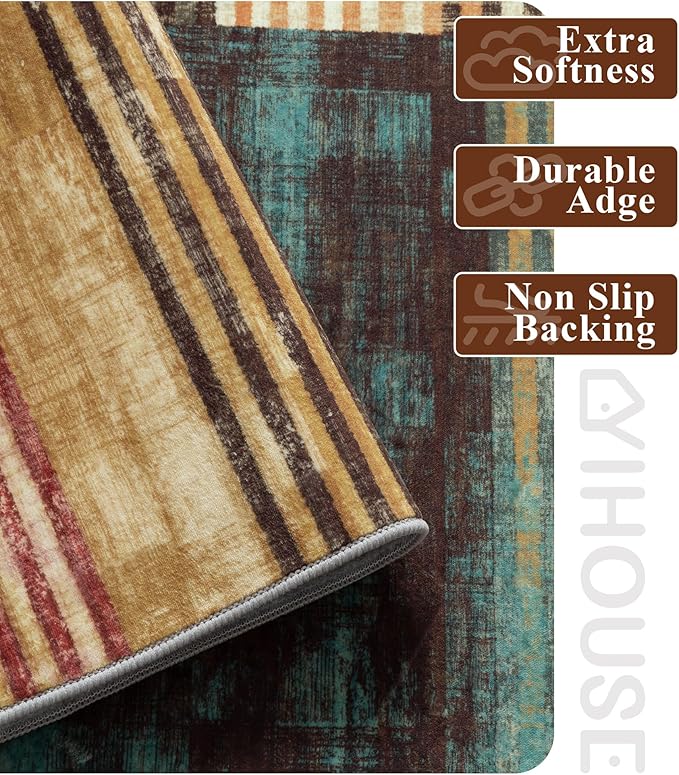 YIHOUSE Brown Area Rug 3x5, Farmhouse Rugs Washable,Vintage Burgundy Carpets for Bedroom,Burnt Orange Area Rug Non Slip,Geometric Boho Rug for Kitchen,Dining Room