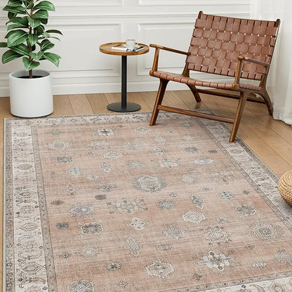 GENIMO 5x7 Area Rugs for Living Room, Machine Washable Non Slip Vintage Retro Rugs, Low Pile Lightweight Chenille Print Rug for Bedroom, Dining Room, Home Office, Salmon