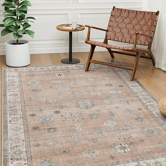 GENIMO 5x7 Area Rugs for Living Room, Machine Washable Non Slip Vintage Retro Rugs, Low Pile Lightweight Chenille Print Rug for Bedroom, Dining Room, Home Office, Salmon