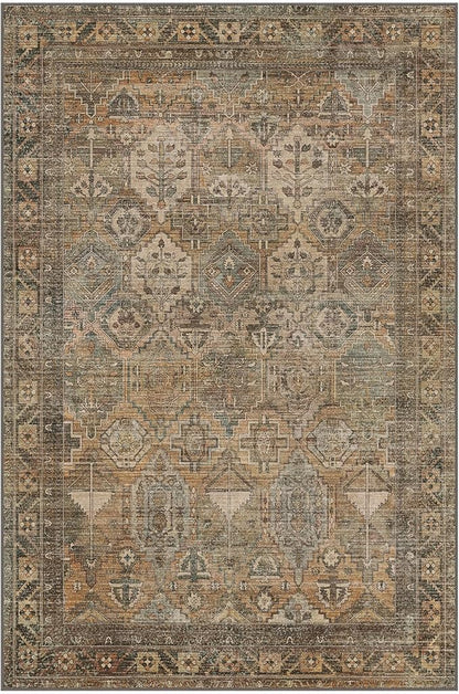 Bavni Washable Rug 6x9 Area Rug for Living Room Bedroom Dining, Washable Vintage Print Carpet, Ultra-Thin Chenille Low Pile Lightweight Rug with Non Slip Backing, Warm Taupe