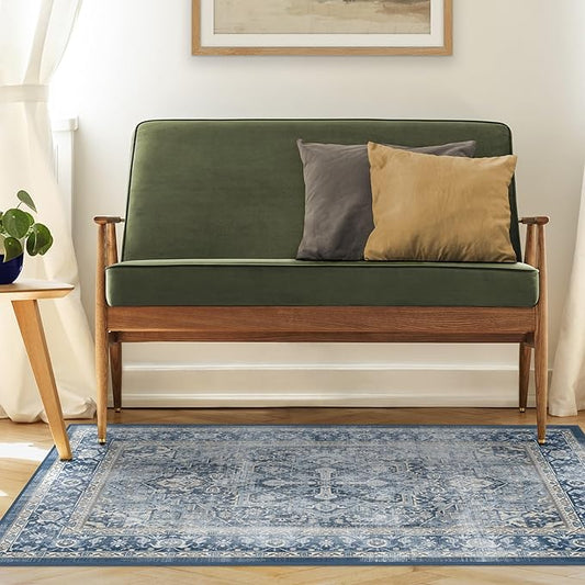 RUGGABLE Washable Vintage Area Rug – Kamran Admiral Blue 4x6, Stain-Resistant, Non-Slip – Medium Machine Washable Rugs for Living Room, Bedroom, Hallway, Entryway & Office–with Standard Pad