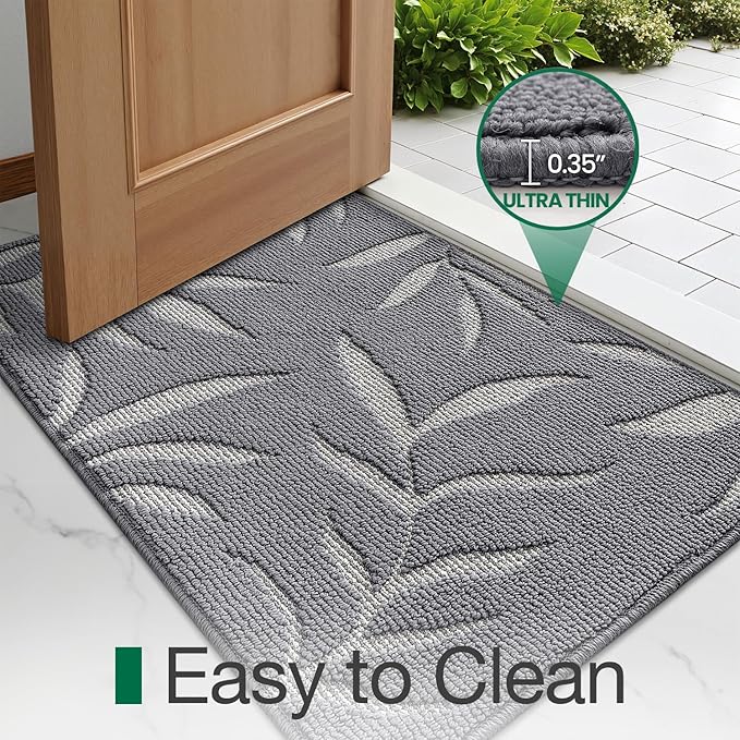 LUMI Indoor Door Mat 48x72, Washable Front Doormat with Welcome Leaf Pattern, Non-Slip Rubber Back Absorbent Mats for Entrance, Patio, Garage, Light Grey