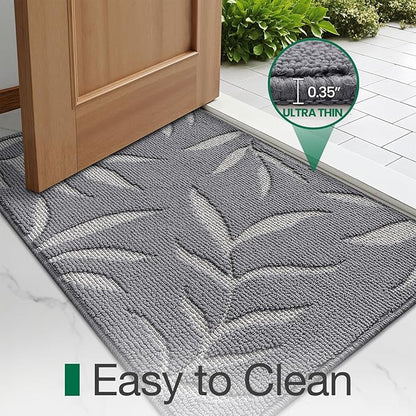LUMI Indoor Door Mat 32x48, Washable Front Doormat with Welcome Leaf Pattern, Non-Slip Rubber Back Absorbent Mats for Entrance, Patio, Garage, Light Grey
