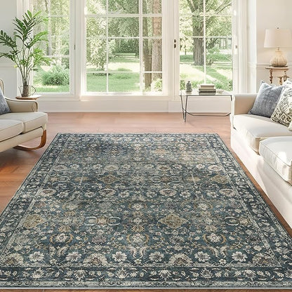 6x9 Rugs for Living Room, Soft Large Area Rugs Blue Washable Rug, Indoor Vintage Rugs for Bedroom Home Office Laundry, Rubber Backed Non Slip Low Pile Carpet, Deep Blue