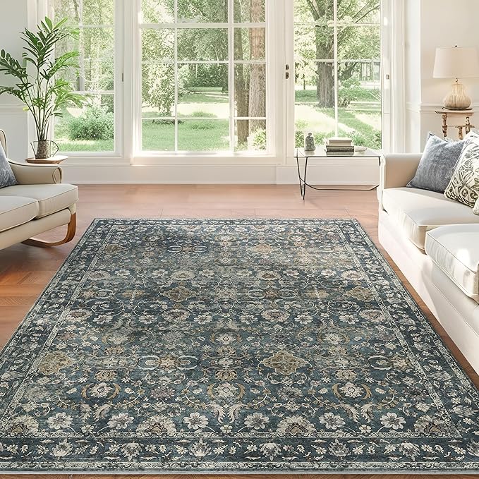 8x10 Washable Rugs for Living Room, Soft Large Rugs Blue Area Rug, Indoor Vintage Carpet for Bedroom Dining Room Office, Rubber Backed Non Slip Low Pile Mat, Deep Blue