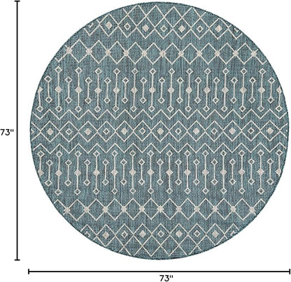 Unique Loom Outdoor Trellis Collection Area Rug - Tribal Trellis (6' 1" Round Teal/Ivory)