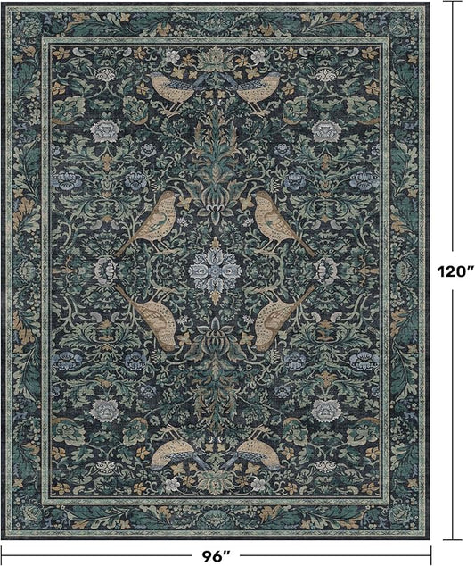 Dark Blue and Green Washable 8x10 Area Rugs for Living Room - Soft Non Slip Botanical Rug for Dining Room Under Table, Bedroom Under Bed, Vintage Large Carpet Decor Stain Resistant