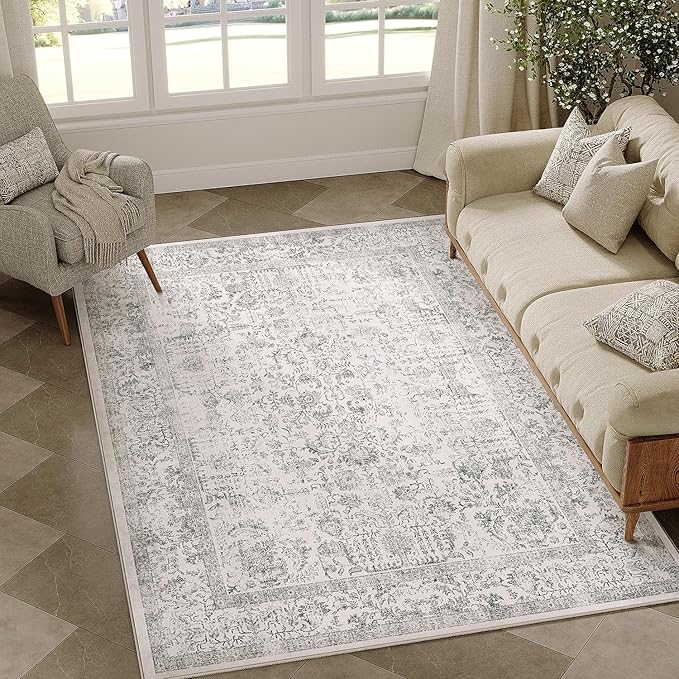 Gray Area Rug 4x6 Office Entryway Rug Machine Washable Kitchen Vintage Distressed Non Slip Carpet Indoor Grey Retro Floral Accent Throw Door Mat for Bathroom Bedroom Dining Living Room