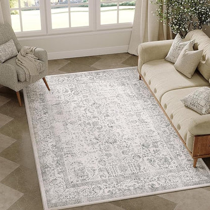 Gray Area Rug 3x5 Office Entryway Rug Machine Washable Kitchen Vintage Distressed Non Slip Carpet Indoor Grey Retro Floral Accent Throw Door Mat for Bathroom Bedroom Dining Living Room