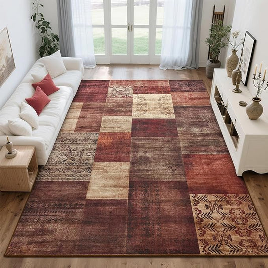 Tepook Modern Area Rug for Living Room, 8x10 Geometric Large Rugs for Bedroom, Washable Patchwork Rug Indoor Non-Slip Throw Carpets for Dining Room Office Farmhouse Home Decor, Red