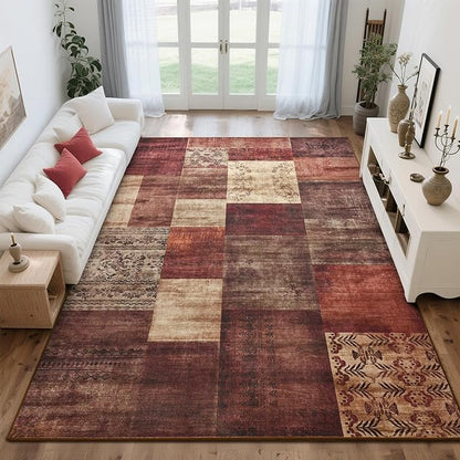 Tepook Modern Area Rug for Living Room, 4x6 Geometric Large Rugs for Bedroom, Washable Patchwork Rug Indoor Non-Slip Throw Carpets for Dining Room Office Farmhouse Home Decor, Red