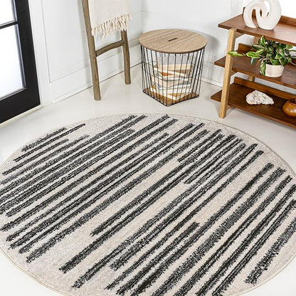 JONATHAN Y Khalil Modern Berber Stripe Cream/Black 5' Round Indoor Area Rug, Contemporary, Bohemian, Easy-Cleaning for Living Room, Bedroom, Kitchen, Pet Friendly, Non-Shedding (MOH207A-5R)