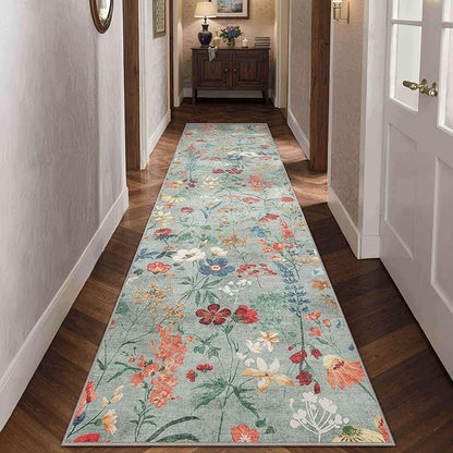 Floral Runner Rug 2x10 Washable Hallway Long Green Bedroom Carpet Non Slip Indoor Boho Kitchen Low Pile Accent Rug Lightweight Soft for Bathroom Dining Laundry Living Room
