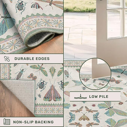 Washable Sage Green Large Entryway Rug, 3x5 Area Rugs for Laundry Room, Kitchen, Bedroom, Dorm, Insect Print Vintage Floral Non-Slip Throw Rug Low Pile Stain Resistance
