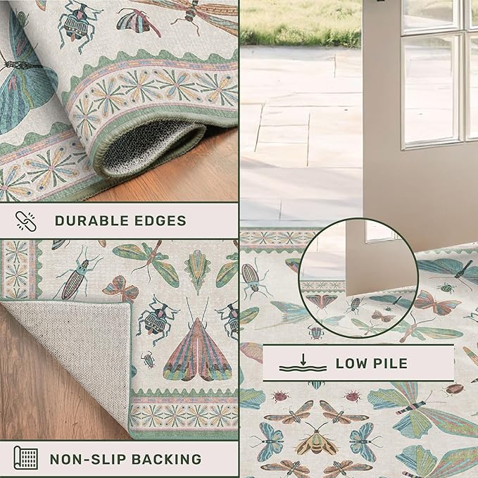 Washable Non Slip Bathroom Runner Rug 2x5, Insect Boho Bath Mat, Stain Resistant Low Pile Butterfly Insect Print Rugs for Laundry Room, Powder Room, Beige Green