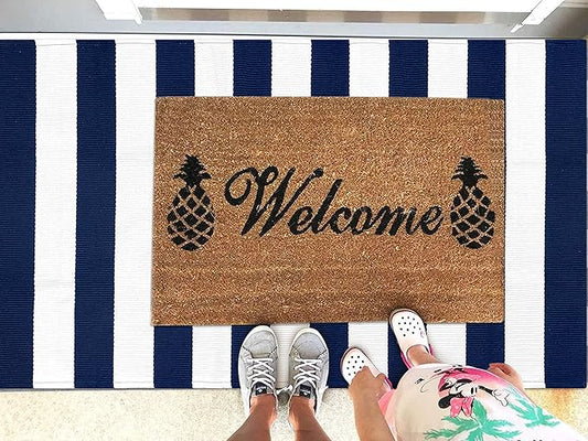 KOZYFLY Striped Outdoor Rug 3x5 Ft Front Door Rug Navy and White Hand Woven Cotton Blue Washable Outdoor Doormats Outdoor Entrance Mat for Front Door Kitchen Entryway Patio Front Porch Decor