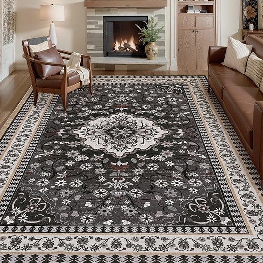 Luxury 8' x 10' Black Washable Area Rugs, Boho Low Pile Easy Clean Non-Slip Rug, Floral Medallion Pattern Vintage Rugs for Living Room, Dinning Room, Office, Bedroom, Bathroom, Laundry Room, Farmhouse