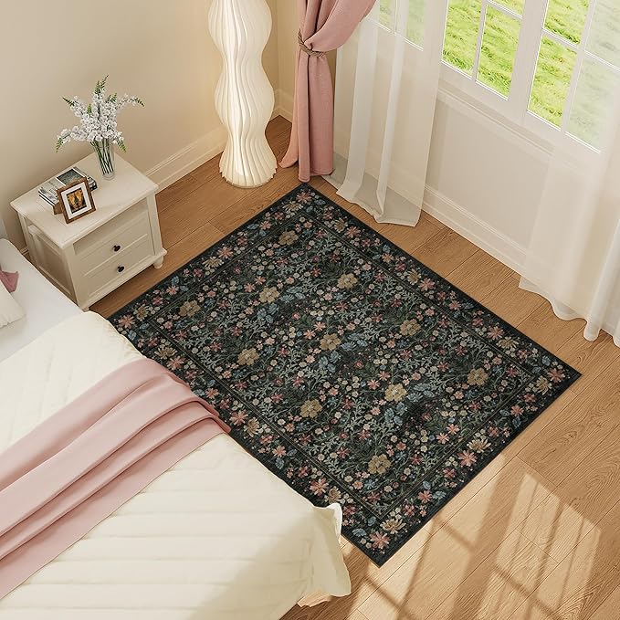 DUKINO 3x5 Area Rug, Vintage Floral Washable Rug for Bedroom with Non Slip Design, Soft Low Pile Indoor Small Carpet for Bedroom, Farmhouse, Living Room, Office, Bathroom, Black