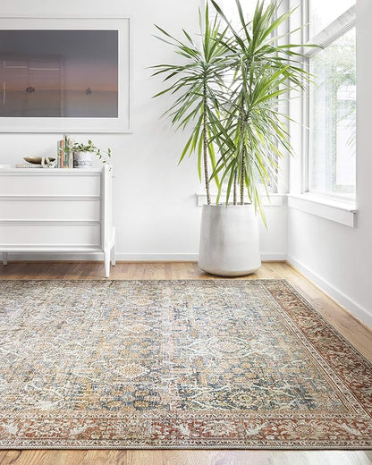 Loloi Layla Collection LAY-04 Ocean/Rust 2'-0" x 5'-0" .13" Thick Accent Rug, Soft, Durable, Vintage Inspired, Distressed, Low Pile, Non-Shedding, Easy Clean, Printed, Living Room Rug