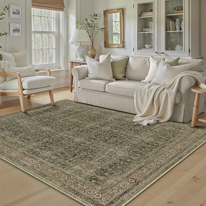 Area Rug 5x7 Green Brown Washable Vintage Living Room Carpetb Traditional Distressed Bedroom Indoor Soft Non Slip Large Rug Retro Thin Low Pile Floor Cover for Office Dining Room