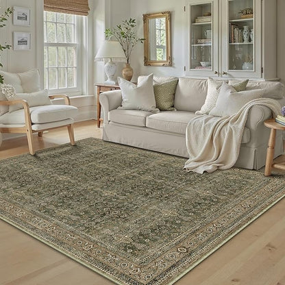 Area Rug 5x7 Green Brown Washable Vintage Living Room Carpetb Traditional Distressed Bedroom Indoor Soft Non Slip Large Rug Retro Thin Low Pile Floor Cover for Office Dining Room