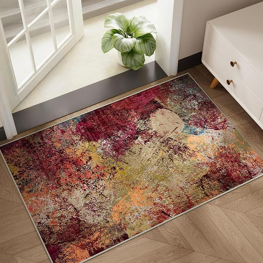 Arbosofe Modern Abstract Area Rug 2'x3' Washable Small Entry Rug, Short Pile with Non-Slip Backing Throw Rugs, Foldable Kitchen Bathroom Rugs, Small Rug with Abstract Pattern for Entryway Red Orange