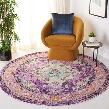SAFAVIEH Monaco Collection Area Rug - 8'8" Round, Violet & Light Blue, Boho Chic Medallion Distressed Design, Non-Shedding & Easy Care, Ideal for High Traffic Areas in Living Room, Bedroom (MNC243L)