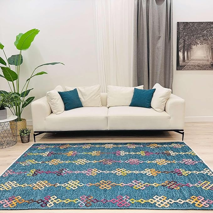 Alfa Rich 4x6 Moroccan Blue Washable Area Rugs for Living Room Bedroom Kitchen Decor Cotton Rug