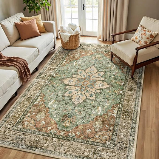 Area Rugs 5'x8' Washable Non-Slip, Floral Vintage Distress Print Pattern Medallion Carpet for Living Room Bedroom Dining Room, Brick Red Rust Neutral Brown Burnt Orange Green