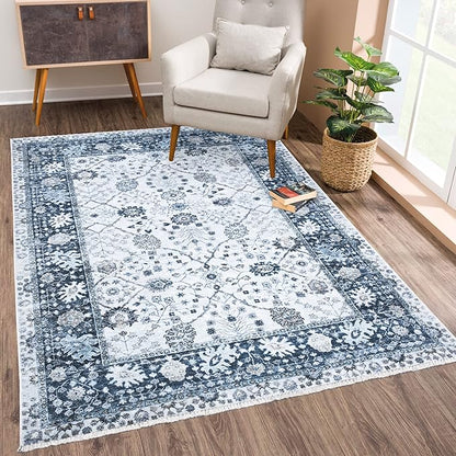 Bloom Rugs Caria Washable Non-Slip 5x7 Rug - Navy Blue Traditional Bordered Area Rug for Living Room, Bedroom, Dining Room, and Kitchen - Exact Size: 5' x 7'