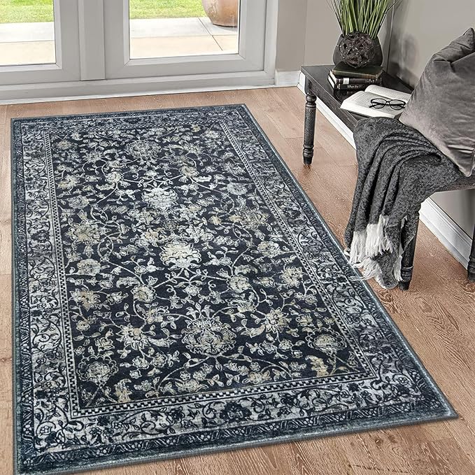 KILOCOCO Area Rug 3x5 Entryway Rug Washable Printed Vintage Floral Rubber Backed Non Slip Indoor Kitchen Rugs for Living Room Laundry Room Playroom Mudroom Moroccan Area Rugs, Navy/Charcoal