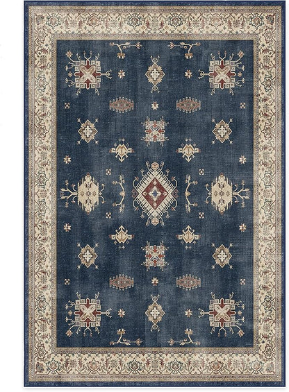 RUGGABLE Washable Vintage Area Rug – Verena Sapphire 6x9, Stain-Resistant, Non-Slip – Medium Machine Washable Rugs for Living Room, Bedroom, Hallway, Entryway & Office–with Standard Pad