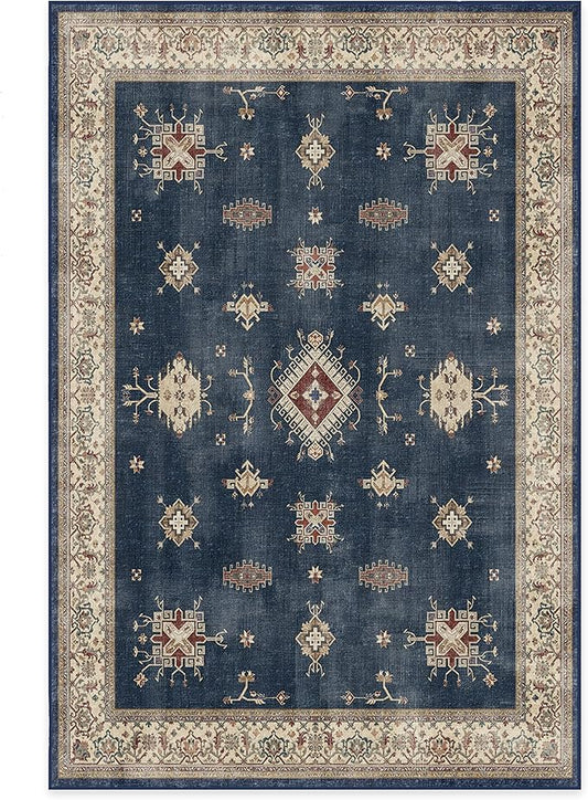 RUGGABLE Washable Vintage Area Rug – Verena Sapphire 6x9, Stain-Resistant, Non-Slip – Medium Machine Washable Rugs for Living Room, Bedroom, Hallway, Entryway & Office–with Cushioned Pad