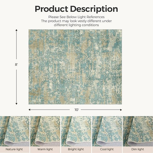WITSHOCK Living Room Area Rugs 8x10：Modern Abstract Machine Washable Large Rug for Bedroom Dining Room Non-Slip Stain Resistant Home Office Decor,Teal Brown