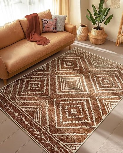 Area Rug 3x5 Rug Low Pile Print Pattern Machine Washable Non-Slip Western Rug for Living Room Bedroom Entryway Tribal Series -Yellowbrown/Cream