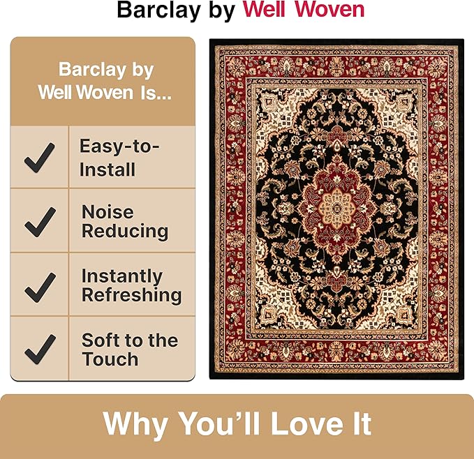 Well Woven Barclay Collection Medallion Kashan Black 8x10 Area Rug - for Living Room, Bedroom, and Dining Room