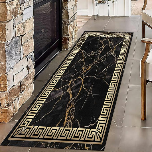 Black Gold Marble Texture Entryway Carpet, 2x8ft, Greek Key Geometric Design Bedroom Rug, Abstract Gold Crack Breathable Floor Rugs, No Crease Washable Carpets for Front Door