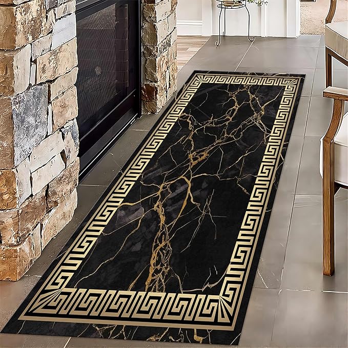 Black Gold Marble Texture Entryway Carpet, 3.3x7ft, Greek Key Geometric Design Bedroom Rug, Abstract Gold Crack Breathable Floor Rugs, No Crease Washable Carpets for Front Door