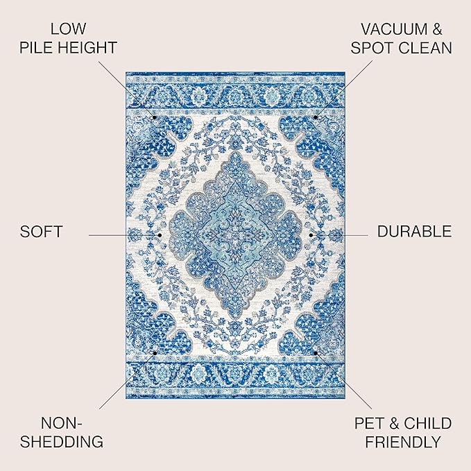 JONATHAN Y Boho Vintage Cream/Blue Indoor Area Rug, 3x5, Bohemian Flair Medallion, Floral Easy-Cleaning High Traffic for Living Room, Bedroom, Kitchen, Pet-Friendly, Non-Shedding (BMF106B-3)