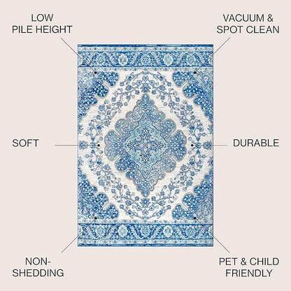 JONATHAN Y Boho Vintage Cream/Blue 5x5 Square Area Rug, Bohemian Flair Medallion, Floral Easy-Cleaning High Traffic for Living Room, Bedroom, Kitchen, Pet-Friendly, Non Shedding (BMF106AB-5SQ)