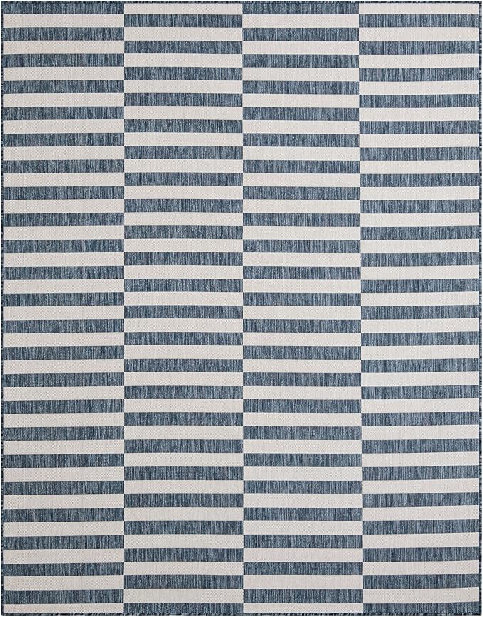 Unique Loom Outdoor Striped Collection Area Rug - Striped (7' 10" x 10' Rectangle Blue/Ivory)
